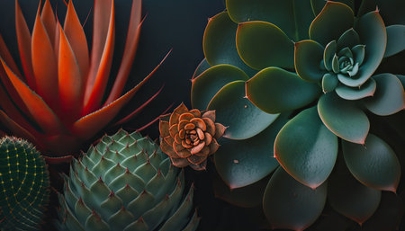Beautiful different succulents abstract horizontal background. AI generative image.の素材