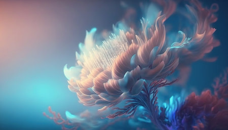 Beautiful soft abstract floral horizontal background. Greeting card with flowers and copy space template. AI generative image.の素材