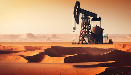 Oil pump, fuel produce illustration. Industrial horizontal background with copy space. AI generative image.の素材