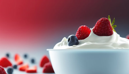 Close up creamy delicious yogurt with strawberry and blueberry, dairy product, healthy organic food advertising banner. AI generative image.の素材