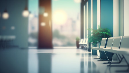 Modern minimal clinic waiting room hall interior indoor horizontal background. AI generative image.の素材