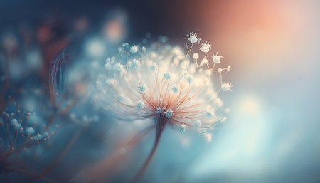 Beautiful soft abstract floral horizontal background. Greeting card with flowers and copy space template. AI generative image.の素材