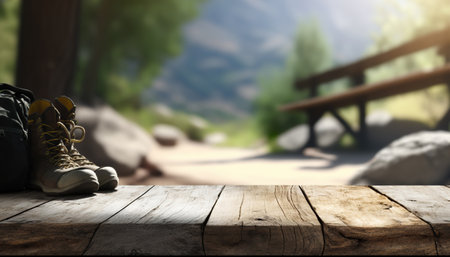 Abstract hiking background with big backpack and shoes. Outdoor nature horizontal background with copy space. AI generative image.の素材