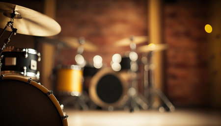 Rehearsal studio room with drum kit. Music repetition base. indoor horizontal background. AI generative image.の素材