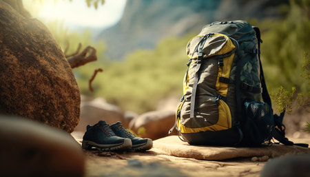 Abstract hiking background with big backpack and shoes. Outdoor nature horizontal background with copy space. AI generative image.の素材