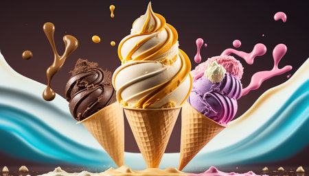 Advertising horizontal banner with different flavored ice cream cones on abstract background with copy space. AI generative image.の素材