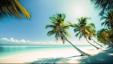 Beautiful sunny landscape with ocean sandy coast and palm trees. Calm water and blue sky. outdoor horizontal background. AI generative image.の素材