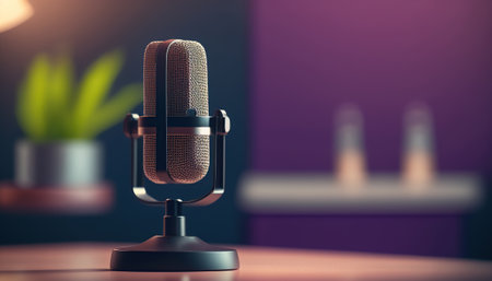 Close up microphone and blurred podcasting studio indoor horizontal background. Broadcast concept. AI generative image.の素材