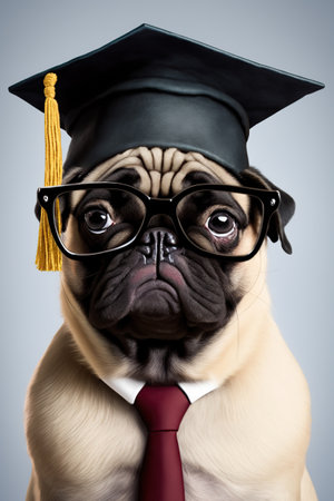Cute funny pug professor wearing tie and graduation hat. Clever dog concept illustration. AI generative image.の素材