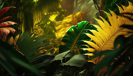 Beautiful jungle rainforest background with fresh green and golden yellow tropical leaves. Outdoor nature horizontal background, pc wallpaper. AI generative image.の素材