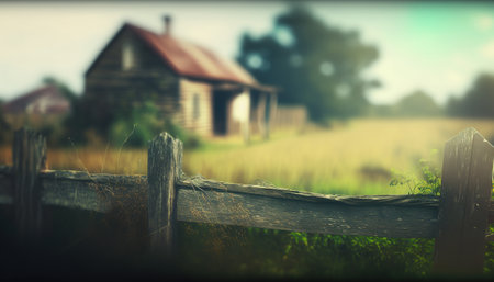 Abstract rural landscape with old wooden fence. outdoor horizontal background. AI generative image.の素材