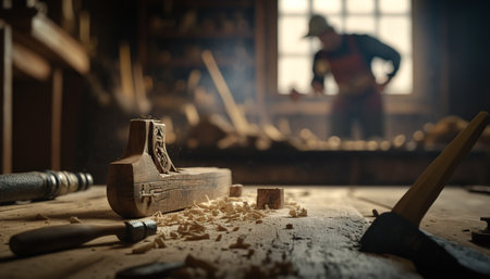 Abstract carpentry woodcraft studio, indoor woodworking workshop illustration with blurred carpenter on the background with copy space. AI generative image.の素材