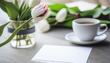 Springtime outdoor background, table with cup of tea and blank empty white horizontal cardboard card with copy space and spring flowers. Sunny day. AI generative image.の素材
