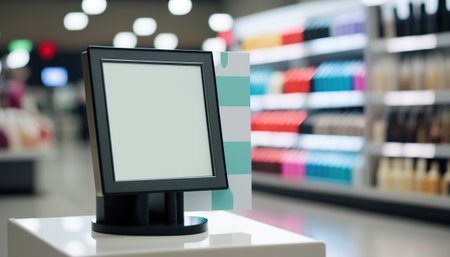 Blurred decorative cosmetic showcase with empty clean frame with white copy space. advertising banner. indoor horizontal background. AI generative image.の素材