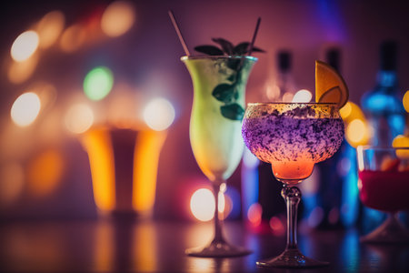 Different cocktails on counter with blurred bar background. horizontal format. AI generative images.の素材