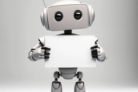 Cute robot with white cardboard clean empty sign with copy space. AI generative image.の素材