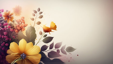 Beautiful abstract floral horizontal banner with copy space. Close up fresh summer flowers on blurred backdrop. greeting card template. AI generative image.の素材