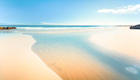Beautiful and peaceful sea sandy coast, sunny summer beach scene, outdoor background. vacation time. Horizontal pc splash screen. AI generative image.の素材