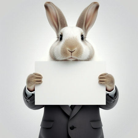 Illustration of anthropomorphic bunny businessman with blank empty white sign in hands. copyspace. AI generative image.の素材