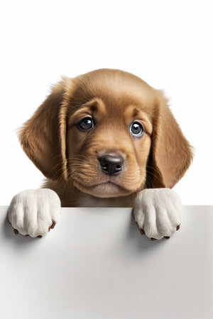 Cute adorable puppy with paws over empty clean white cardboard sign with copy space. AI generative image.の素材