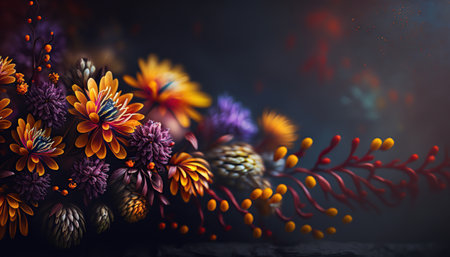 Beautiful abstract floral horizontal banner with copy space. Close up fresh summer flowers on blurred backdrop. greeting card template. AI generative image.の素材