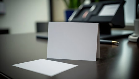 Modern business office interior with empty blank horizontal card copy space mockup. indoor background. AI generative image.の素材