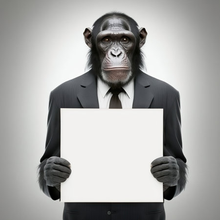 Illustration of funny anthropomorphic chimpanzee monkey businessman in suit holding empty clean white sign with copy space. AI generative image.の素材