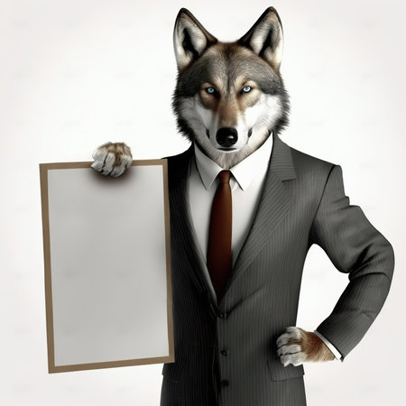Gray handsome wolf in business suite with empty clean sign board contain copy space. AI generative image.の素材