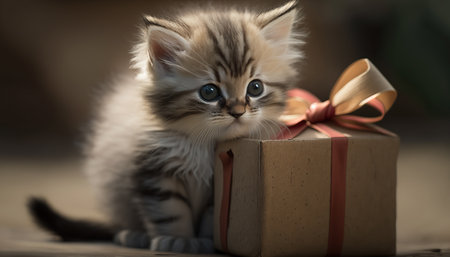 Adorable and cute little kitten with gift box and silk bow. Indoor background with cat. Festive horizontal greeting card. AI generative image.の素材