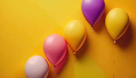 Multicolored balloons on yellow background with copy space. Horizontal banner or greeting card template. AI generative image.の素材