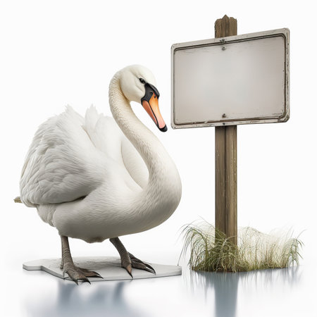 Beautiful wild white swan bird with empty table signboard. AI generative image.の素材