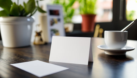 Close up office desk with empty clean white paper card mockup with copy space and green domestic plant. horizontal indoor background. AI generative image.の素材