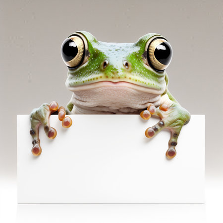 Cute, funny and adorable frog with empty blank sign with copy space. AI generative image.の素材