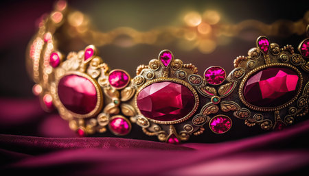 Beautiful abstract jewelery background with shiny red ruby gemstone. Horizontal background with copy space. AI generative image.の素材