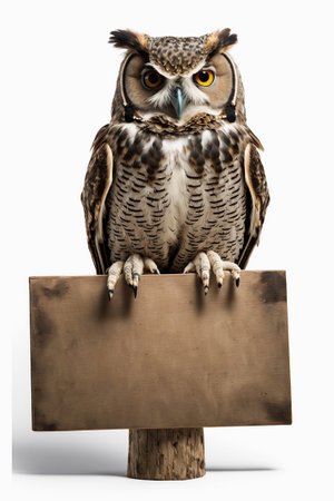 Big wise owl bird on empty clean sign with copy space. wild animal. AI generative image.の素材