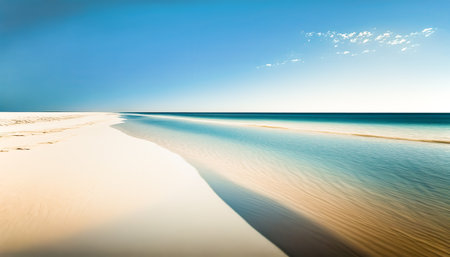 Beautiful and peaceful sea sandy coast, sunny summer beach scene, outdoor background. vacation time. Horizontal pc splash screen. AI generative image.の素材