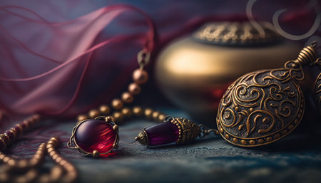 Beautiful abstract jewelery background with shiny red ruby gemstone. Horizontal background with copy space. AI generative image.の素材