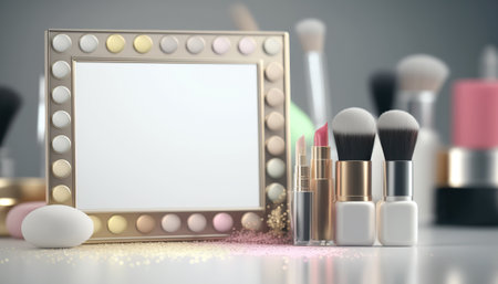 Bright colored minimal showcase scene with empty clean frame with copy space and beauty cosmetic products. horizontal background. AI generative image.の素材