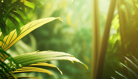 Beautiful different tropical leaves on blurred jungle horizontal background with copy space. Rainforest outdoor backdrop with place for text. AI generative image.の素材