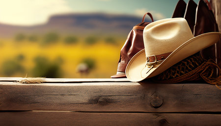 Rural horizontal background with close up cowboy hat. Rustic outdoor backdrop. AI generative image.の素材