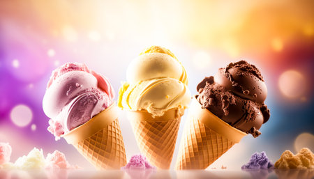 Advertising horizontal banner with different flavored ice cream cones on abstract background with copy space. AI generative image.の素材