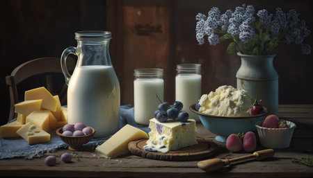 Still life with assorted dairy products, milk, cheese, and berries on horizontal dark background. Healthy delicious and tasty organic food concept. AI generative image.の素材