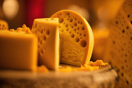 Close up portions of tasty delicious cheese, dairy product organic food horizontal background. AI generative image.の素材