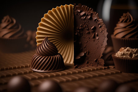 Close up different dark and milk chocolate bars and candies, confectionary products indoor horizontal background. Tasty delicious food. AI generative image.の素材