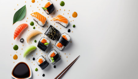 Delicious set of sushi rolls with copy space flat lay, top view japanese seafood on white horizontal background. AI generative image.の素材