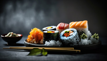 Delicious set of different sushi rolls, japanese sea food on dark indoor horizontal background. AI generative image.の素材