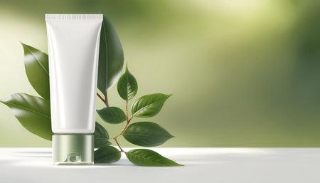 Beauty skincare cream in empty clean tube mockup on green leaves background, organic cosmetic product. Horizontal background with copy space. advertising poster. AI generative image.の素材