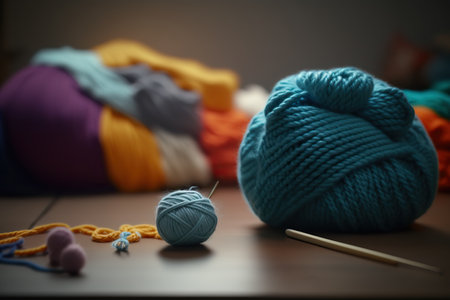 Close up different multicolored balls of woolen yarn. Knitting hobby. indoor horizontal background. AI generative image.の素材
