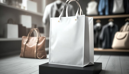 Close up shopping bag mockup with blurred store interior indoor horizontal background. Sale time concept. AI generative image.の素材