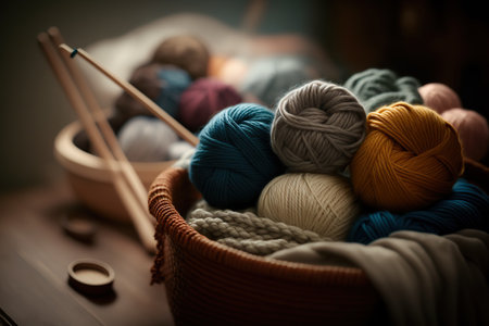 Close up different multicolored balls of woolen yarn. Knitting hobby. indoor horizontal background. AI generative image.の素材